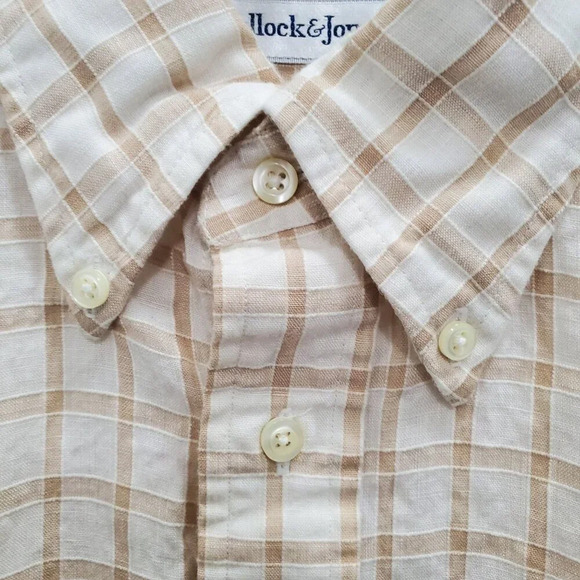 Bullock & Jones Mens White Tan Gingham 100% Linen Long Sleeve Button Up Shirt XL - Picture 4 of 6